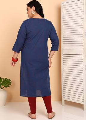 Women   s plus size cotton kurti with embroidery  3/4 sleeve straight kurta (blue) 2