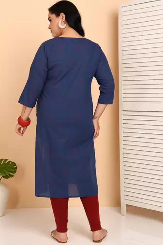 Women   s plus size cotton kurti with embroidery  3/4 sleeve straight kurta (blue)