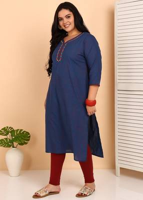 Women   s plus size cotton kurti with embroidery  3/4 sleeve straight kurta (blue) 3