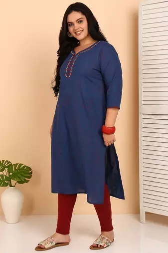 Women   s plus size cotton kurti with embroidery  3/4 sleeve straight kurta (blue)