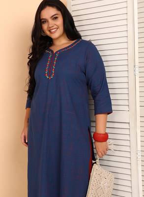 Women   s plus size cotton kurti with embroidery  3/4 sleeve straight kurta (blue) 5