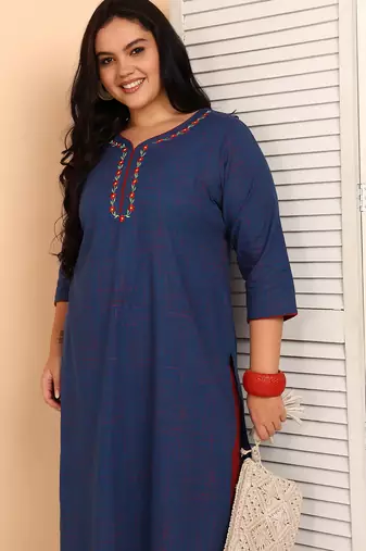 Women   s plus size cotton kurti with embroidery  3/4 sleeve straight kurta (blue)