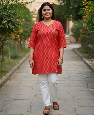 Women   s cotton gold block print v-neck and 3/4 sleeves wrap style kurti 1