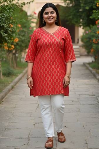 Women’s cotton gold block print v-neck and 3/4 sleeves wrap style kurti