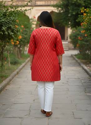 Women   s cotton gold block print v-neck and 3/4 sleeves wrap style kurti 2