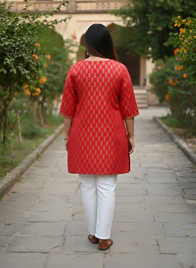 Women   s cotton gold block print v-neck and 3/4 sleeves wrap style kurti