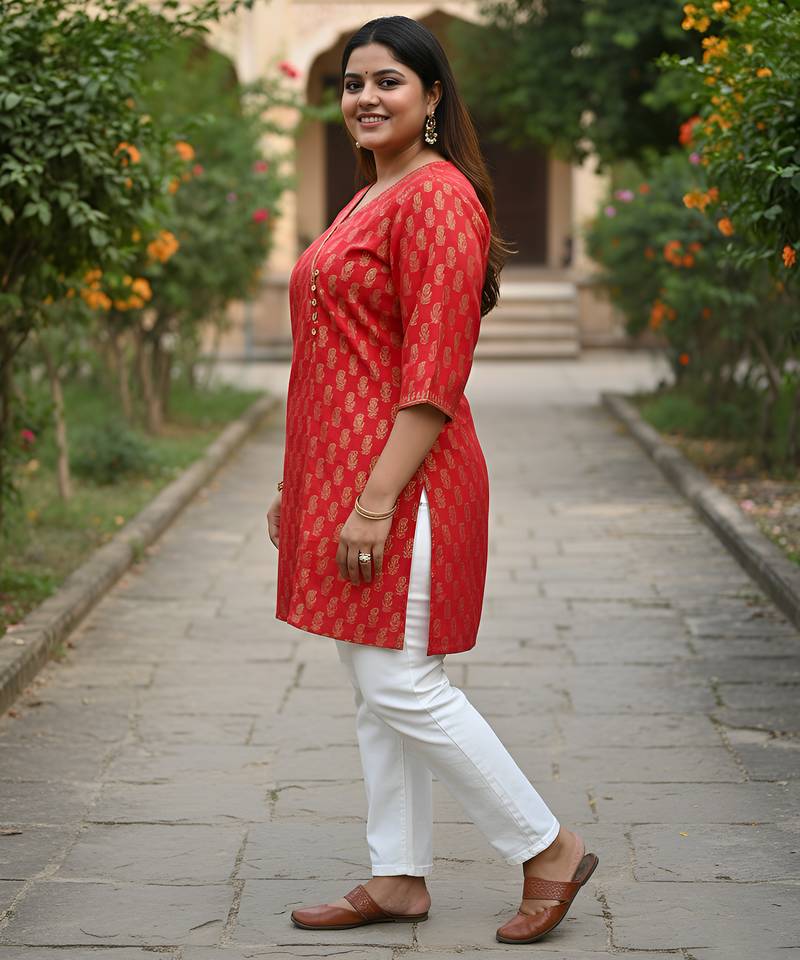 Women   s cotton gold block print v-neck and 3/4 sleeves wrap style kurti