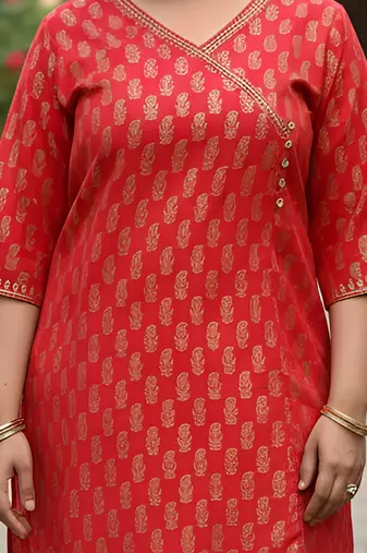Women   s cotton gold block print v-neck and 3/4 sleeves wrap style kurti