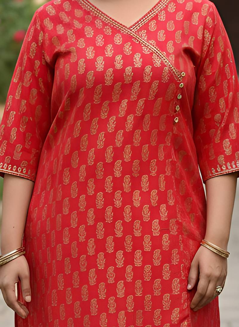 Women   s cotton gold block print v-neck and 3/4 sleeves wrap style kurti