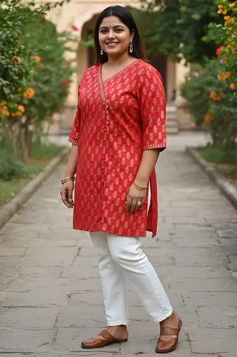 Women   s cotton gold block print v-neck and 3/4 sleeves wrap style kurti