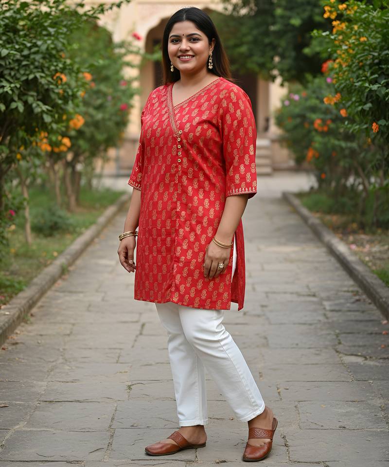 Women   s cotton gold block print v-neck and 3/4 sleeves wrap style kurti