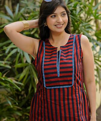 Women   s cambric cotton printed short kurti | sleeveless striped tunic top with keyhole notch neck | casual daily wear 4