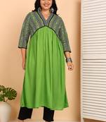 Women   s rayon printed kurta with cotton slub pant v-neck, 3/4 sleeves, calf-length kurti & solid bottom (green)
