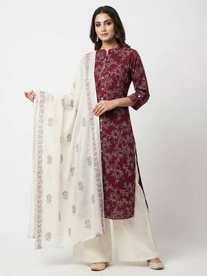 Women   s cotton wine floral rubber print  a-line kurta pant set with dupatta, one side functional pocket (wine) 1