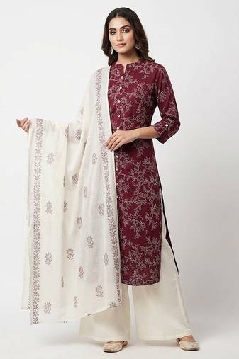Women   s cotton wine floral rubber print  a-line kurta pant set with dupatta, one side functional pocket (wine)
