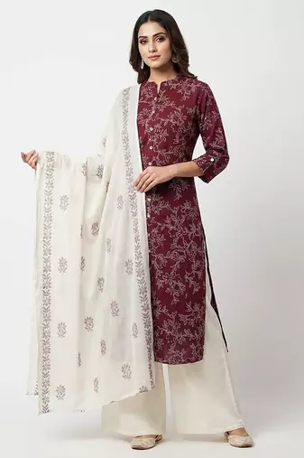 Women’s cotton wine floral rubber print  a-line kurta pant set with dupatta, one side functional pocket (wine)