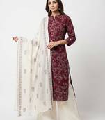 Women   s cotton wine floral rubber print  a-line kurta pant set with dupatta, one side functional pocket (wine)