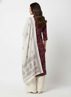 Women   s cotton wine floral rubber print  a-line kurta pant set with dupatta, one side functional pocket (wine) 2