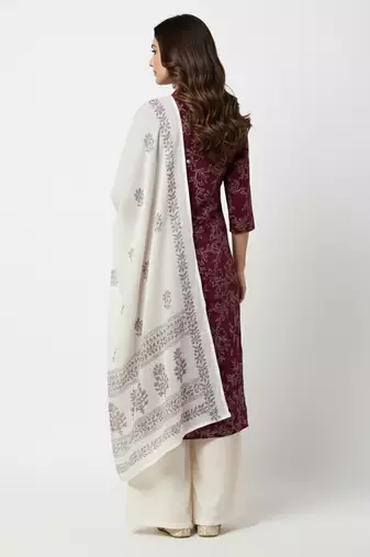 Women   s cotton wine floral rubber print  a-line kurta pant set with dupatta, one side functional pocket (wine)