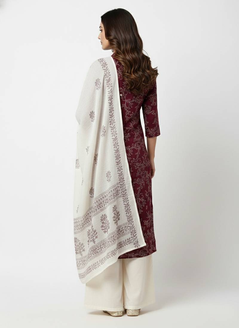 Women   s cotton wine floral rubber print  a-line kurta pant set with dupatta, one side functional pocket (wine)