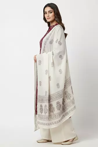 Women   s cotton wine floral rubber print  a-line kurta pant set with dupatta, one side functional pocket (wine)