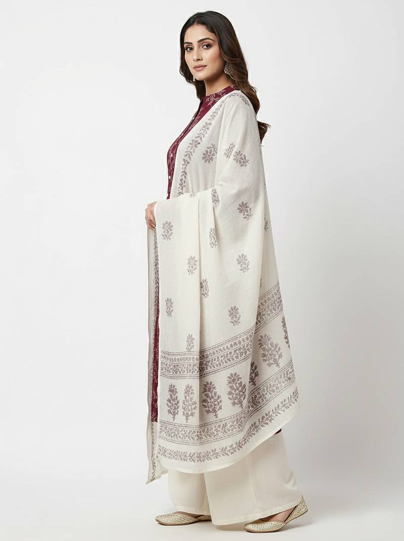 Women   s cotton wine floral rubber print  a-line kurta pant set with dupatta, one side functional pocket (wine)