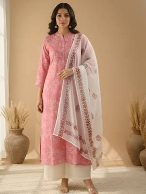 Women   s cotton white floral rubber print  a-line kurta pant set with dupatta, one side functional pocket (pink) 1
