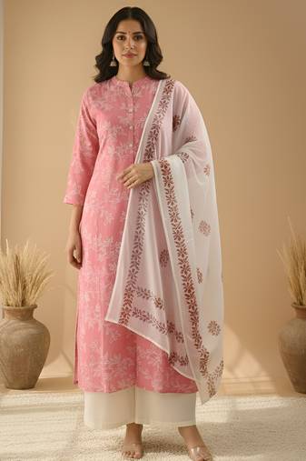 Women   s cotton white floral rubber print  a-line kurta pant set with dupatta, one side functional pocket (pink)