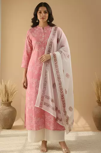 Women’s cotton white floral rubber print  a-line kurta pant set with dupatta, one side functional pocket (pink)