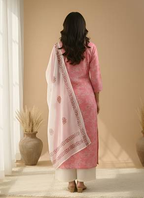 Women   s cotton white floral rubber print  a-line kurta pant set with dupatta, one side functional pocket (pink) 2