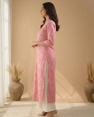 Women   s cotton white floral rubber print  a-line kurta pant set with dupatta, one side functional pocket (pink) 3