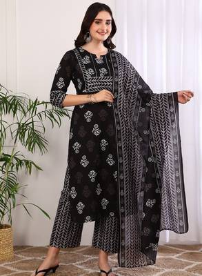 Women's cotton floral print with gota detailing straight kurta with pant and dupatta (black) 1