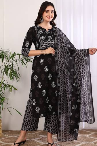 Women's cotton floral print with gota detailing straight kurta with pant and dupatta (black)
