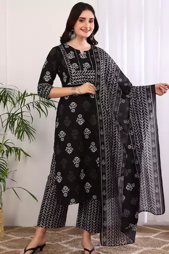 Women's cotton floral print with gota detailing straight kurta with pant and dupatta (black)