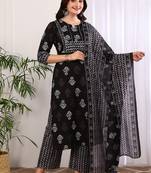 Women's cotton floral print with gota detailing straight kurta with pant and dupatta (black)