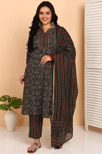 Women's cotton floral print with gota detailing straight kurta with elastic bottom and dupatta (green)