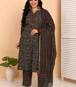 Women's cotton floral print with gota detailing straight kurta with elastic bottom and dupatta (green)