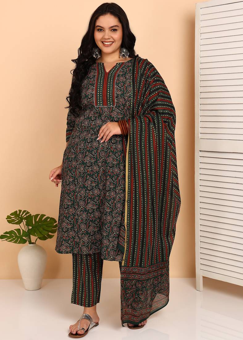 Women's cotton floral print with gota detailing straight kurta with elastic bottom and dupatta (green)
