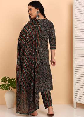Women's cotton floral print with gota detailing straight kurta with elastic bottom and dupatta (green) 3