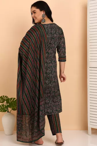 Women's cotton floral print with gota detailing straight kurta with elastic bottom and dupatta (green)