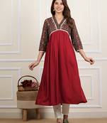 Women   s rayon printed kurta with cotton slub pant, without dupatta, kurti & solid bottom (maroon)