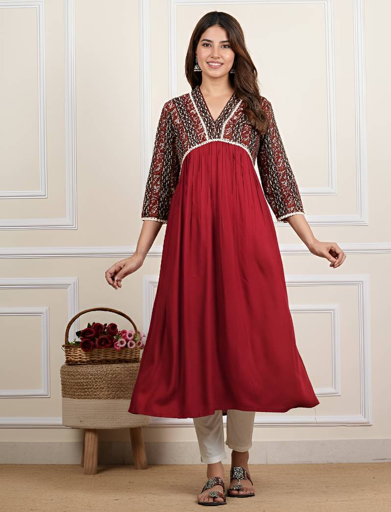 Women’s rayon printed kurta with cotton slub pant, without dupatta, kurti & solid bottom (maroon)
