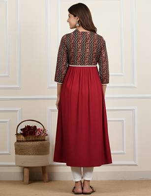 Women   s rayon printed kurta with cotton slub pant, without dupatta, kurti & solid bottom (maroon) 2