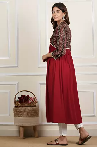 Women   s rayon printed kurta with cotton slub pant, without dupatta, kurti & solid bottom (maroon)