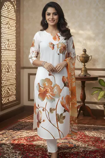 Women’s muslin fabric printed straight kurta with matching dupatta lightweight muslin kurta set (white)