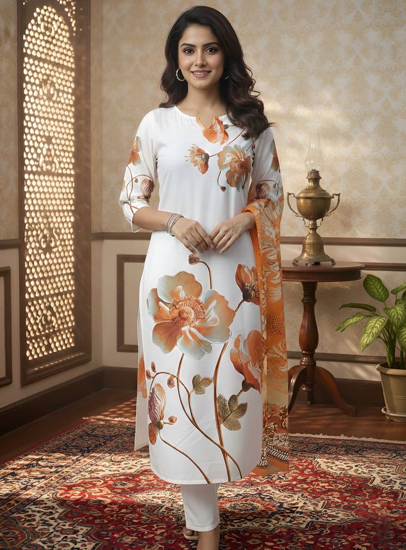 Women   s muslin fabric printed straight kurta with matching dupatta lightweight muslin kurta set (white)