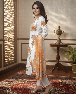 Women   s muslin fabric printed straight kurta with matching dupatta lightweight muslin kurta set (white) 3