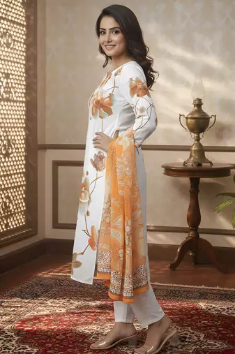 Women   s muslin fabric printed straight kurta with matching dupatta lightweight muslin kurta set (white)