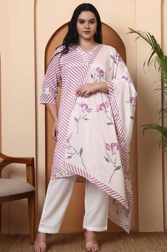 Women’s chinon printed kurta with floral embroidery v-neck, 3/4 sleeves, matching pant & printed dupatta (pink)