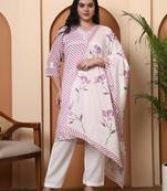 Women   s chinon printed kurta with floral embroidery v-neck, 3/4 sleeves, matching pant & printed dupatta (pink)